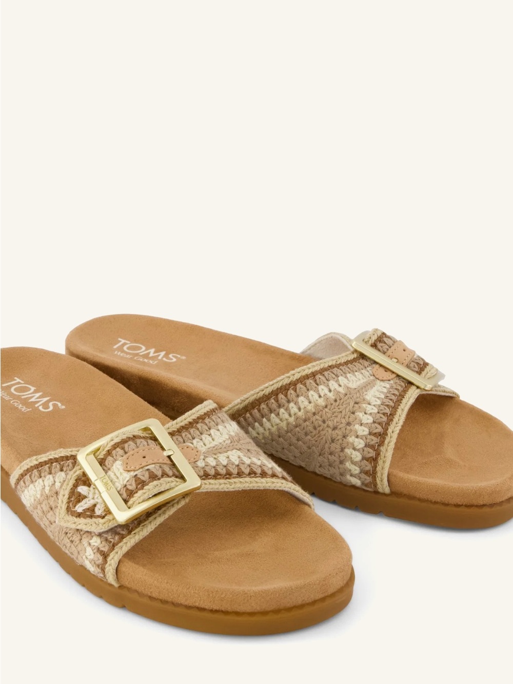 TOMS Tan and Cream Marin Slide Sandals with Gold Buckle